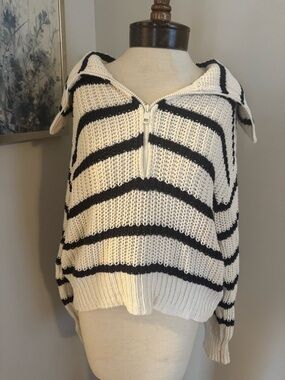 American Eagle Outfitters Cream & Blue Striped Half-Zip Sweater